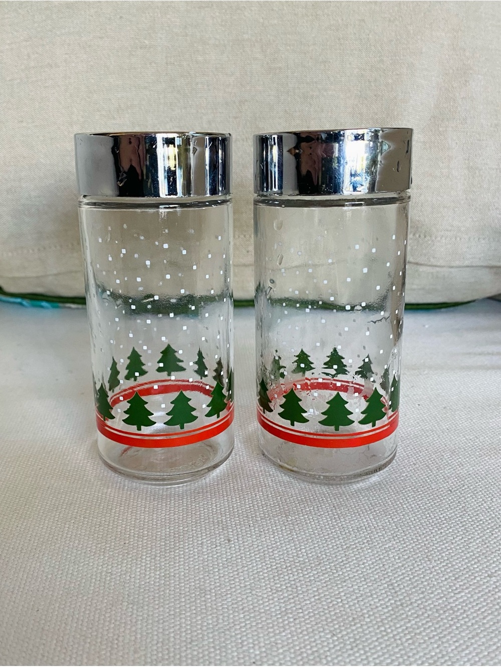 Vintage Libbey Glass Christmas Tree Salt and Pepper Shakers Set Mid Century